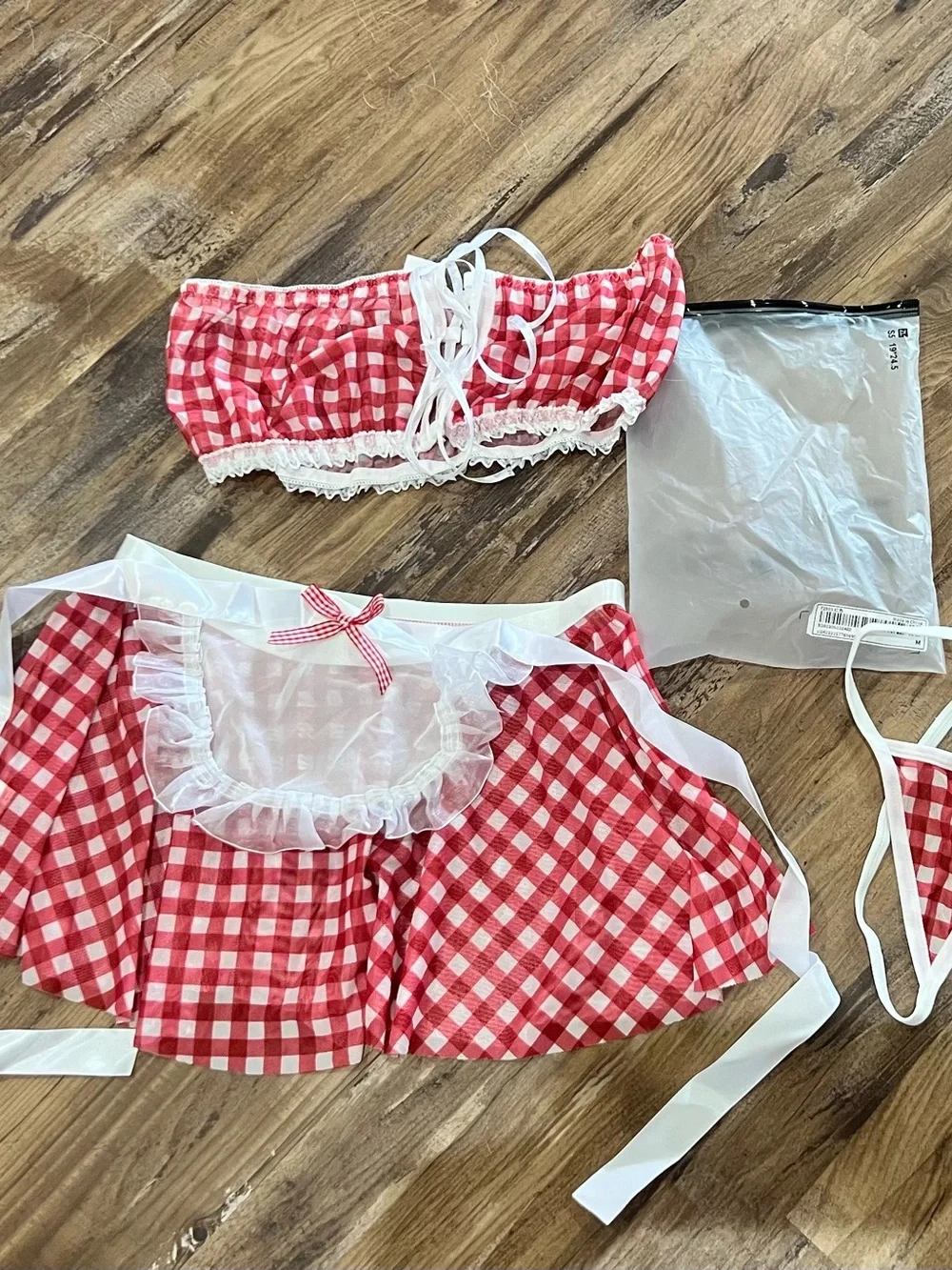 Red Gingham Lace-Up Two-Piece Set with Apron